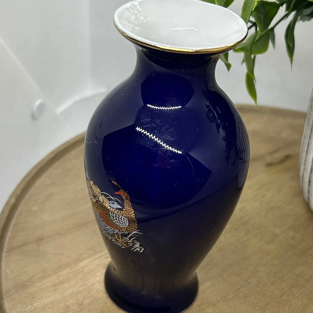Vtg 5.25“ Vase Cobalt Blue Floral Pheasant Peacock Japan Ceramic 24k Gold Trim
